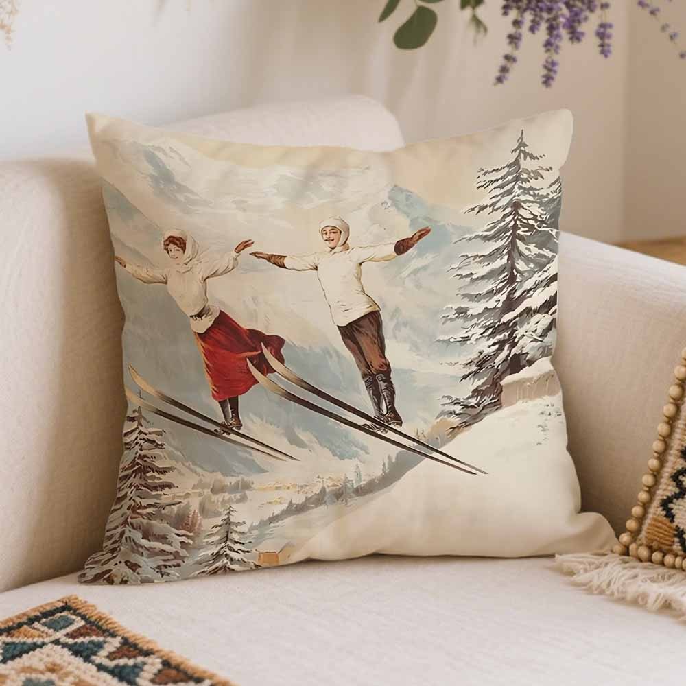 TEMU 1 housse de coussin de Noël à motif skieur avec montagne enneigée et , housse de coussin, taie d'oreiller, impression , 18x18 pouces, adaptée