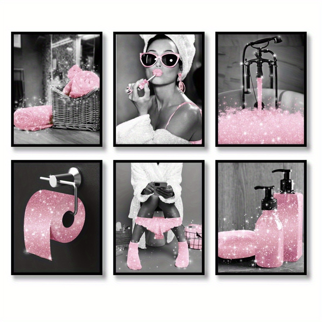 

Chic 6pcs Glitter Set - Black & White With Pink Accents, Funny Bathroom Decor For Women - 8x10 Inches