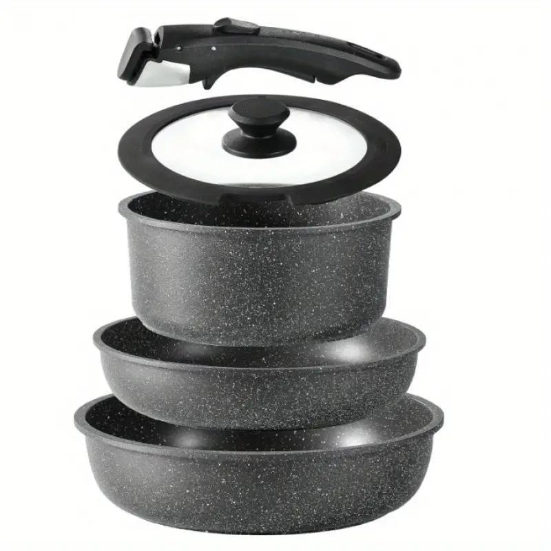 TEMU 5pcs Cookware Set, Pot And Pan Set With Removable Handles, Kitchen Cookware Set With Removable Handles, Stackable Cookware, Cookware, Black