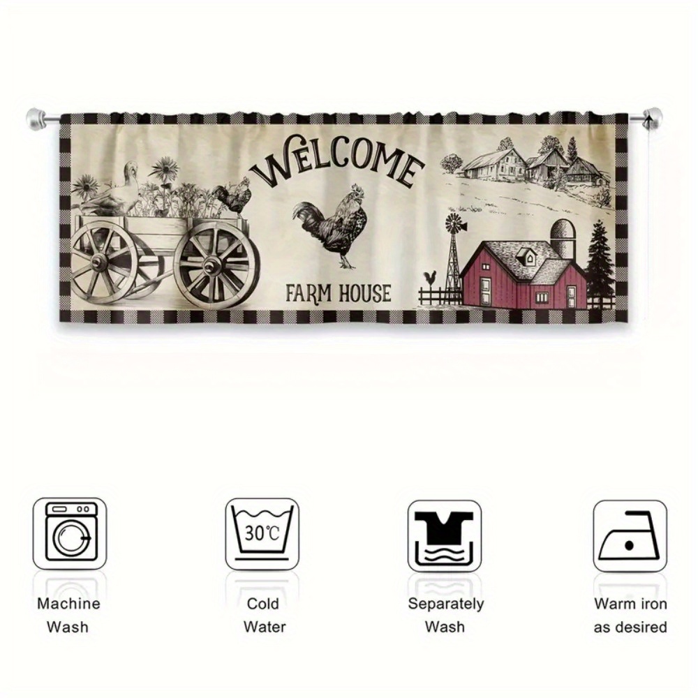 Farmhouse Chicken Text Kitchen Short Curtain Country Drawing Animal Carriage Barn Print Kitchen Decoration Small Window Curtain