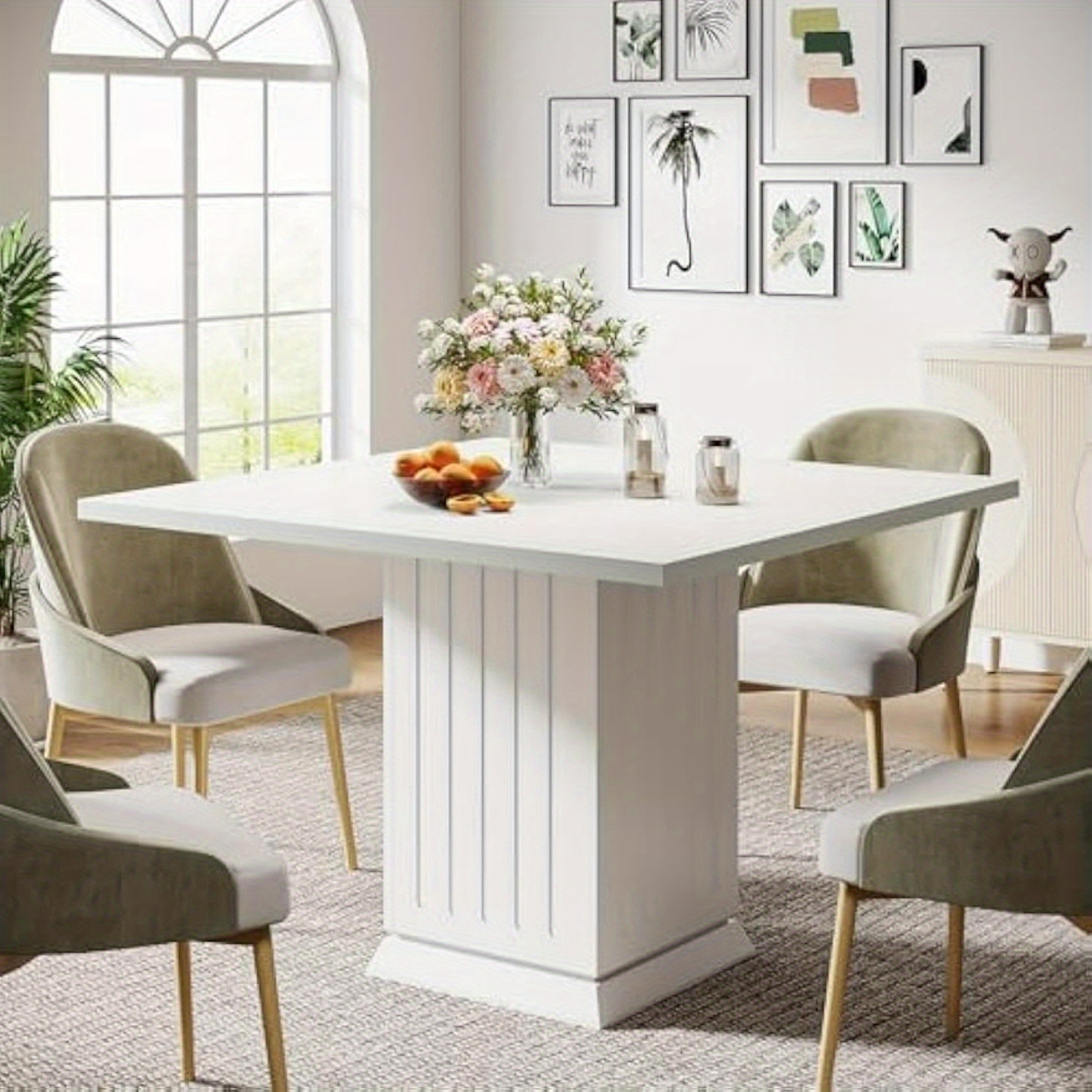 White Square Dining Table, Wood Dining Table With 2 Placemats, Modern Small Square Dinner Kitchen Table For