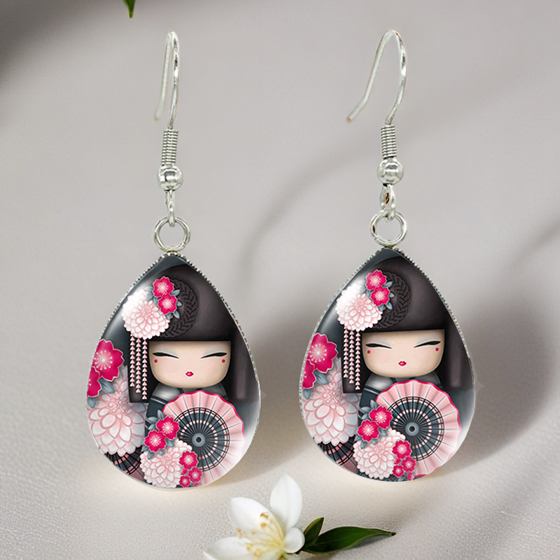 TEMU Pendientes de gancho con cabujón de cristal de y de muñeca con kimono de dibujos animados, pendientes colgantes de acero inoxidable de moda,