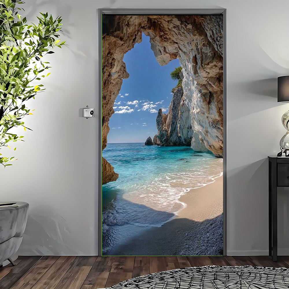 TEMU Plat 2D, Bannière de Porte 2D, Plat 2D, Bannière de Porte 2D, 1 pièce Bannière de Porte Mer Turquoise et Plage de Sable - Peinture Murale Grande