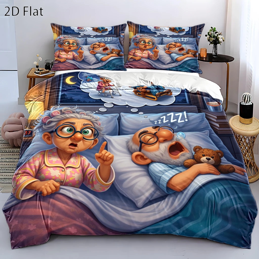 TEMU 3pcss Funny Cartoon Elderly Couple Dream Duvet Cover Set, 3pcss Bedding (1* Duvet Cover   2* Pillowcases), Suitable For , Machine Washable,