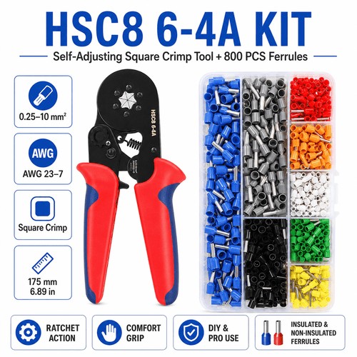 HSC8 6-4/HSC8 6-6 Tubular Terminal Crimping Pliers, Ratchet Crimping Tool, Suitable for 0.25-6mm/0.25-10mm Tubular Terminals and Cold-pressed Terminals