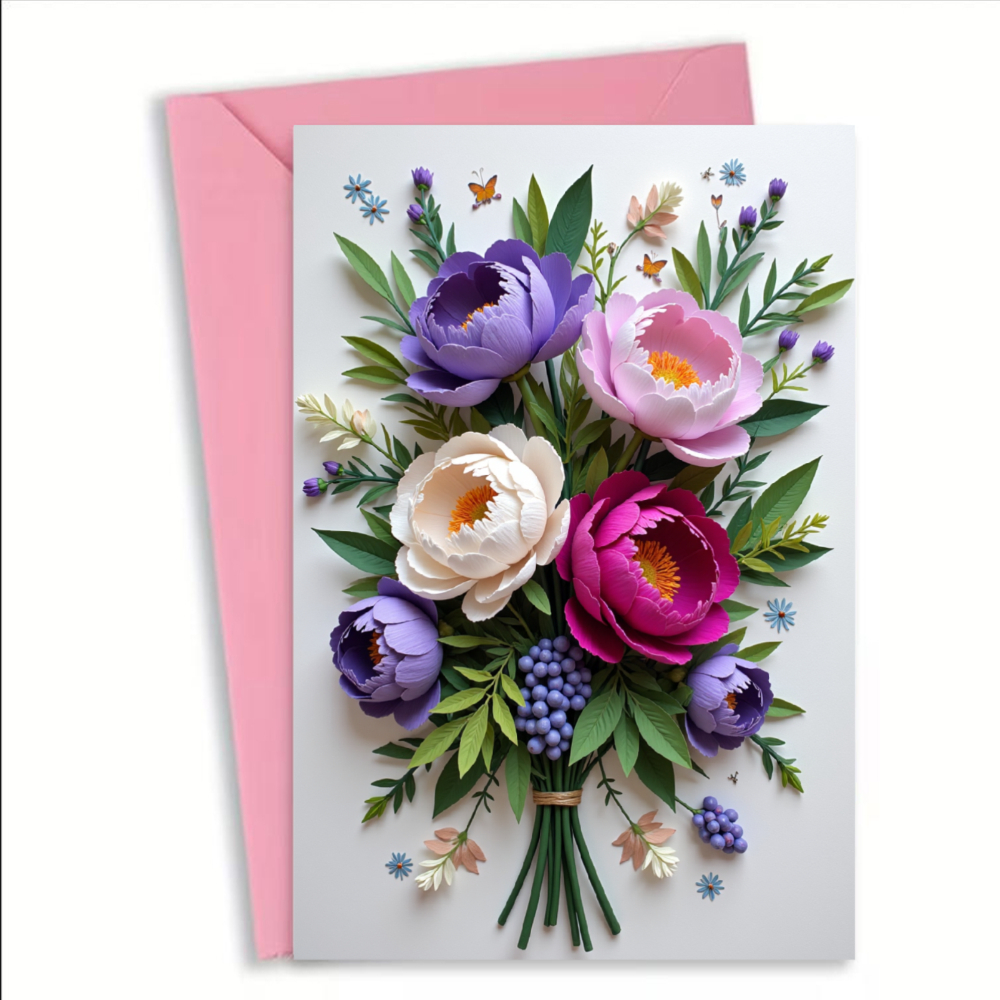 E-shop 1 Set Grußkarte mit Umschlag, Blumenstrauß-Design, mehrfarbiges Papierblumenmuster für Geburtstag, Hochzeit, Jahrestag, Feier, Geschenk