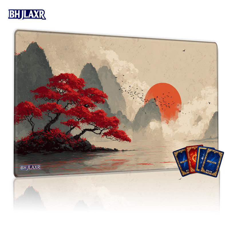 품목 사진   red sun 산 풍경 ccg tcg 플레이매트 14x24인치 게임 매트, 트레이딩 카드 게임 테이블 매트 선물