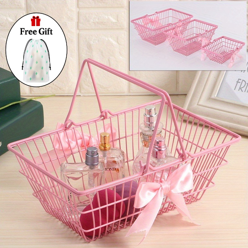 TEMU 2pcs Set (1pc Storage Basket And 1pc Free Cactus Storage Bag) Pink Mini Storage Basket, Desktop Organization, Cosmetics Jewelry Storage,