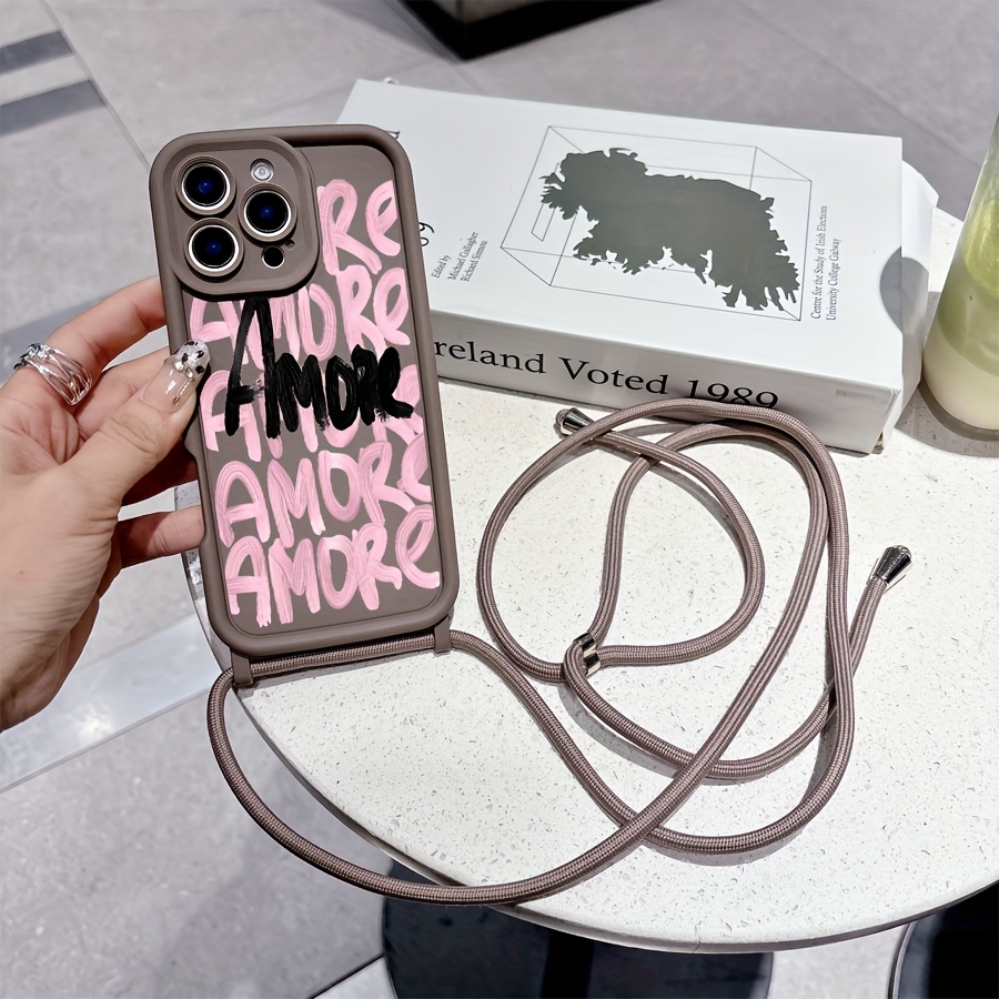 TEMU Phone Case: Gao Zhu Lanyard Brown Fashion Black And Amore Pattern Phone Case, Suitable For Iphone 17/16/15/14/13/12/11/xs/xr/x/7/8