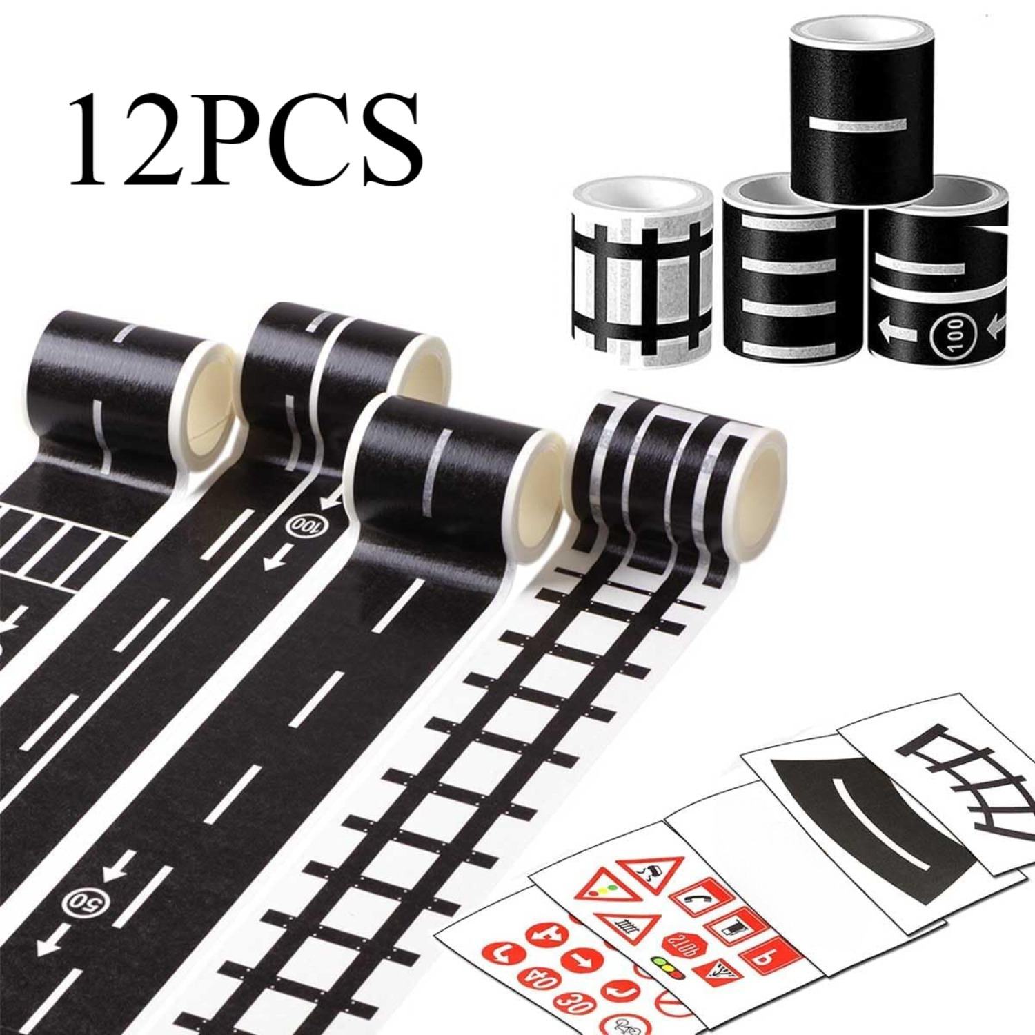 

12pcs Diy Road & Rail Transit Tape Set - Self-adhesive Curve Stickers For Crafts, Trains, Racing Cars & Wall Decor - Perfect Christmas Gift Idea