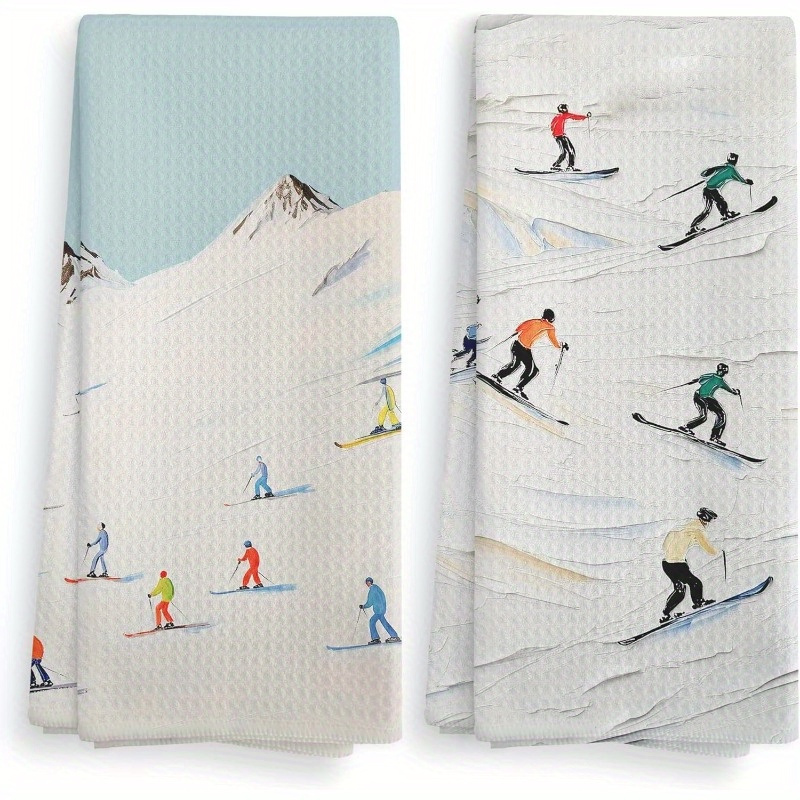 

2pcs Winter Skiing Kitchen Towels, 18x26 Inches, Polyester Dishcloths, Super Tea Towels, Machine Washable, For , Ski-themed Gift Set