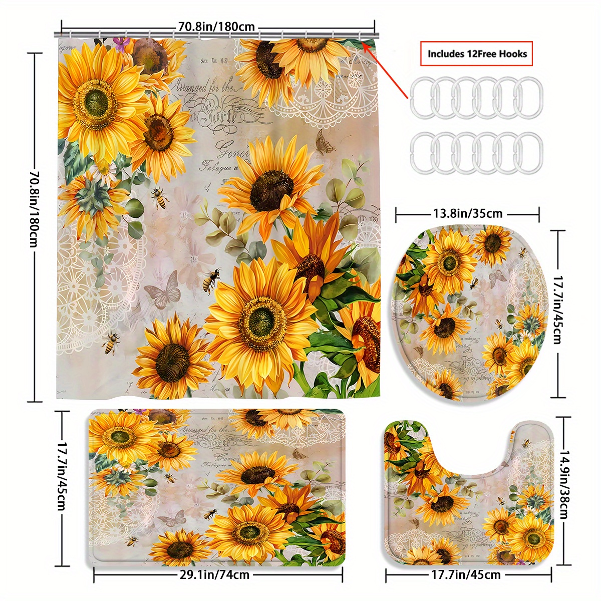 TEMU 4pcs Sunflower Shower Curtain Decoration, Beautiful Disguise Gift Decoration, Shower Curtain And Bathroom Mat Three-piece Set, 12 Shower Curtain Hooks