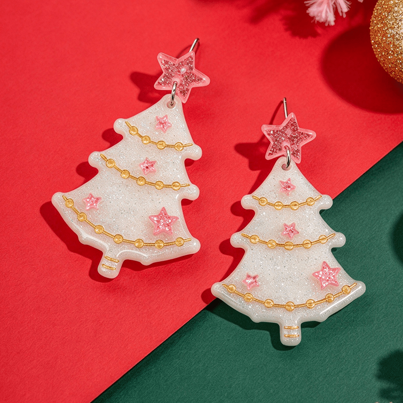 Christmas Pink Star Tree Earrings, Festive Dangle Gift