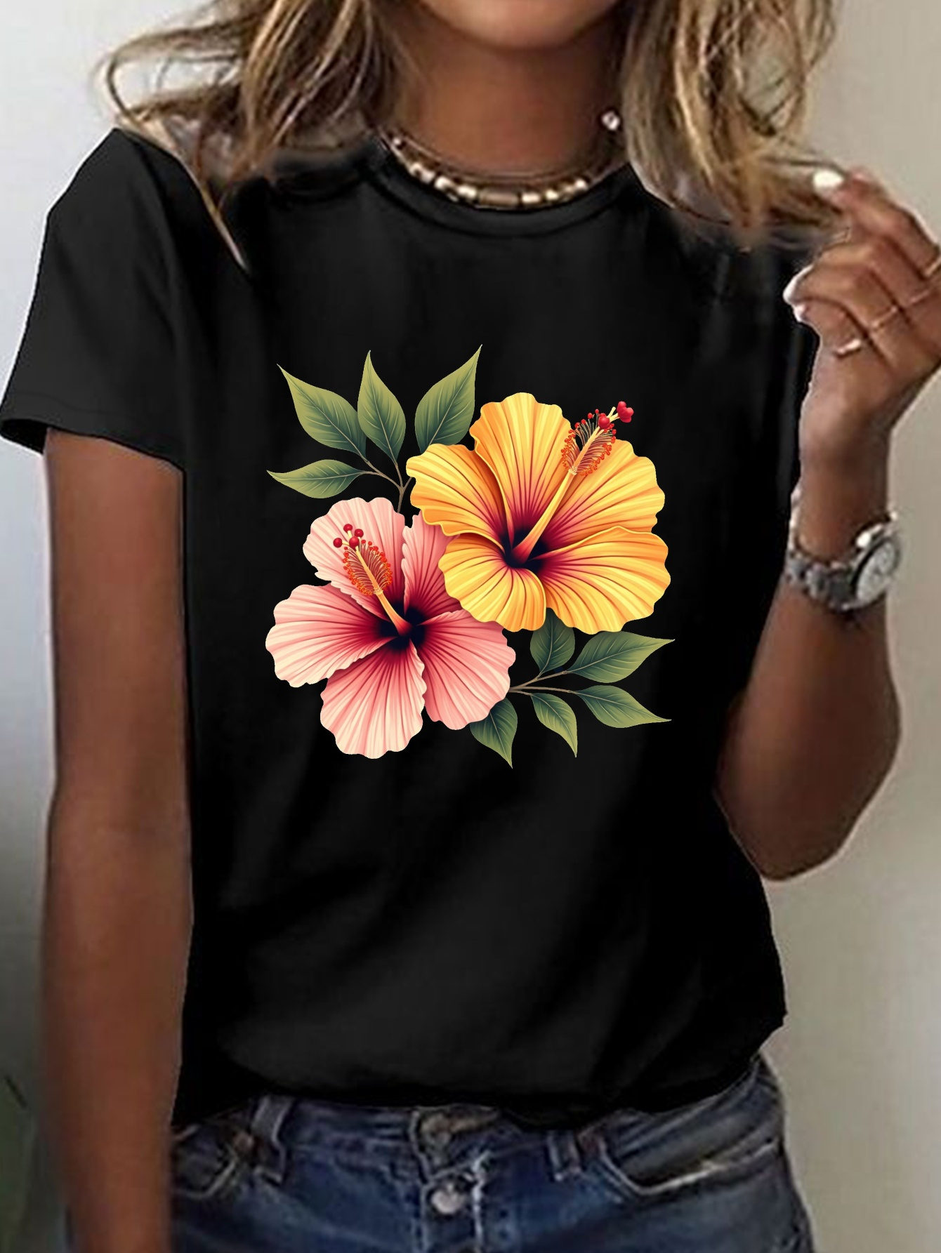 zwart hibiscus bloemenprint t shirt voor dames levendig geel - Temu  Netherlands, image size:800x1066