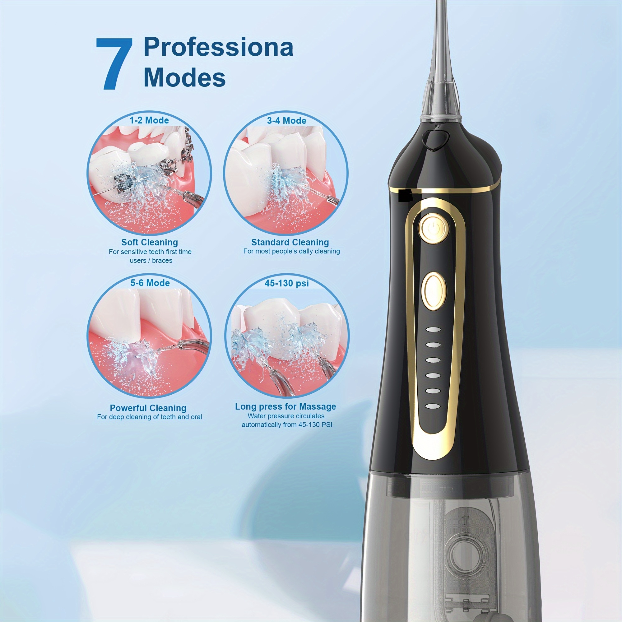 Valentine's Day Gift - Water Flosser, 6 Replaceable Nozzles, Portable, 30 Days of Use on Full Charge, Deep Oral Cleaning, Home and Couple Travel, Couple Hygiene Products, Cruise Essentials, Travel Must-Have Accessories - Black details 2