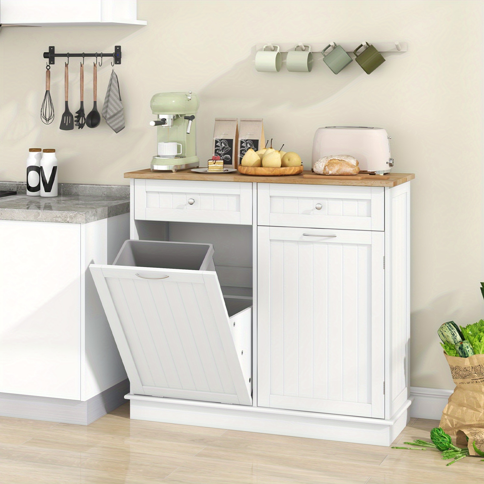 Mueble de basura abatible para cocina, gabinete de basura con contenedor  de basura de 11 galones, cajones, estante ajustable, gabine