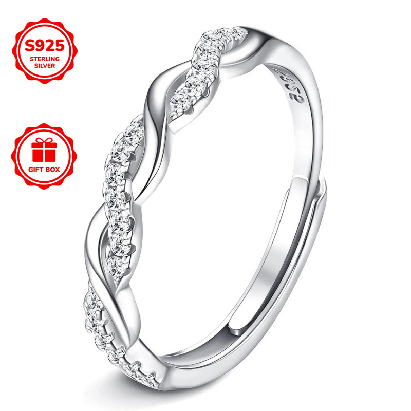 Image of 1pc Adjustable 925 Sterling Silver Ring For Women Cubic Synthetic Zirconia Crossover Engagement Wedding Promise Thumb Anniversary Jewelry Gifts-christma's Gift, Valentine's Day, Anniversary Gift