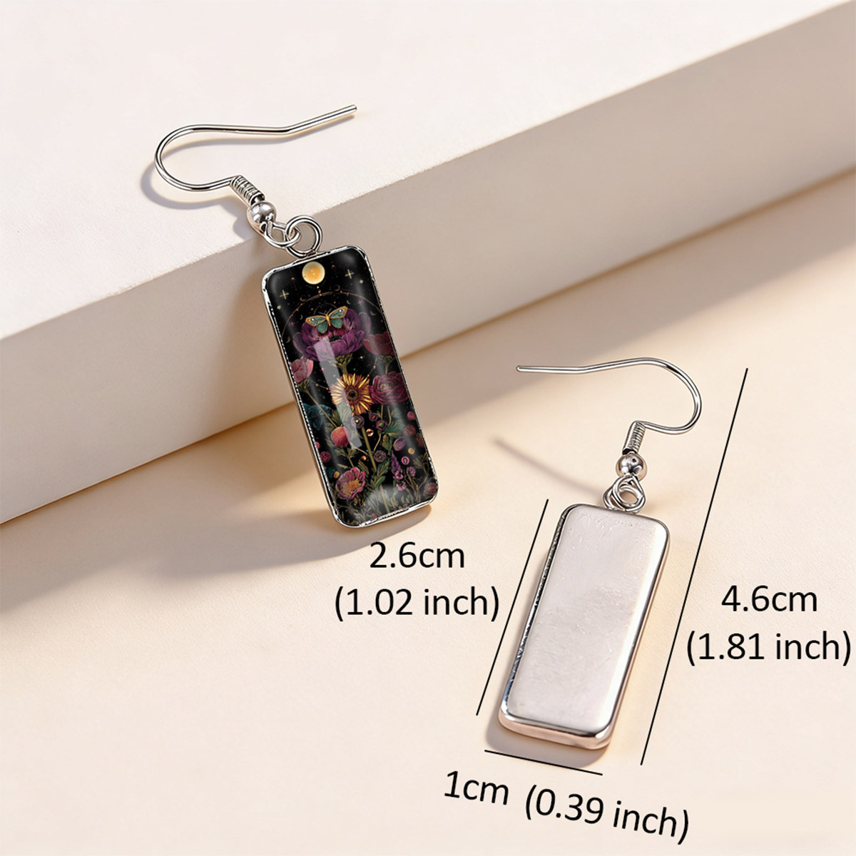Women's Serene Night Sky Daisy Bush Rectangular Earrings with Butterflies