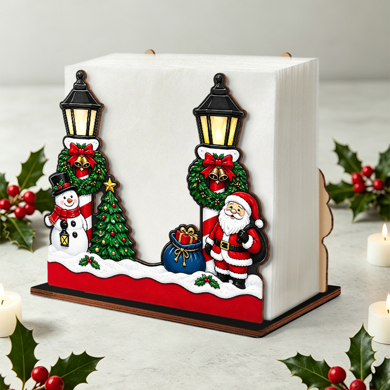 TEMU 1 Set Vintage Street Lamp Santa Claus Snowman Wooden Napkin Holder, Wreath Bell Mini Christmas Desktop Tissue Box, Christmas Holiday Decorative