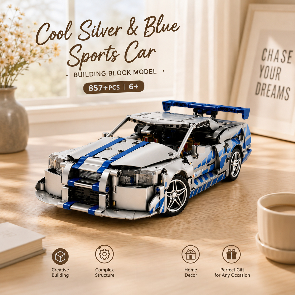 857+Pcs Cool Silver And Blue Sports Car Building Block Sets
