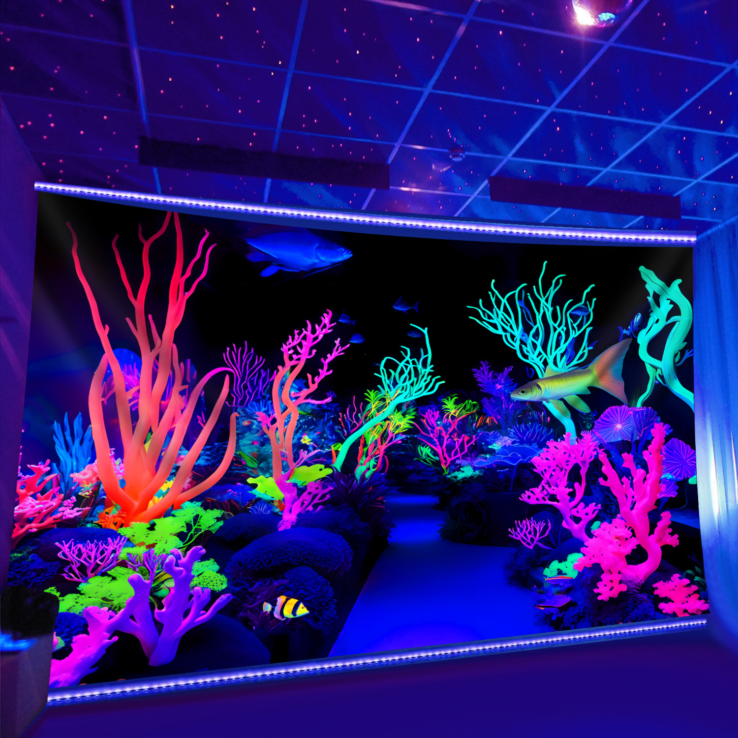 TEMU 2D , 2D 1 Pieza Mundo Subacuático Neón - Tapiz que con Luz UV, Tapiz de Gran Tamaño con Impresión Estética Fluorescente de Piel de Melocotón,