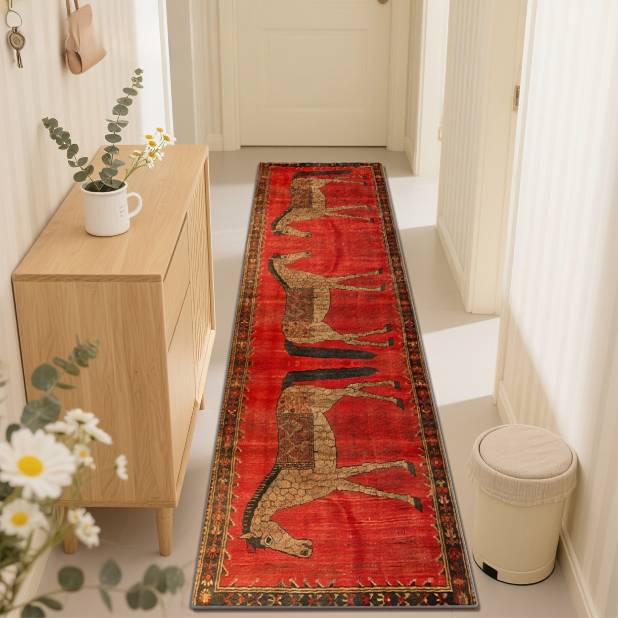 TEMU 1pc, Tapis Long Runner avec Motif Chevaux, Flanelle, Base Rouge, Imprimé avec 3 Chevaux, Long Runner Décoration Intérieure, Convient pour Salon,