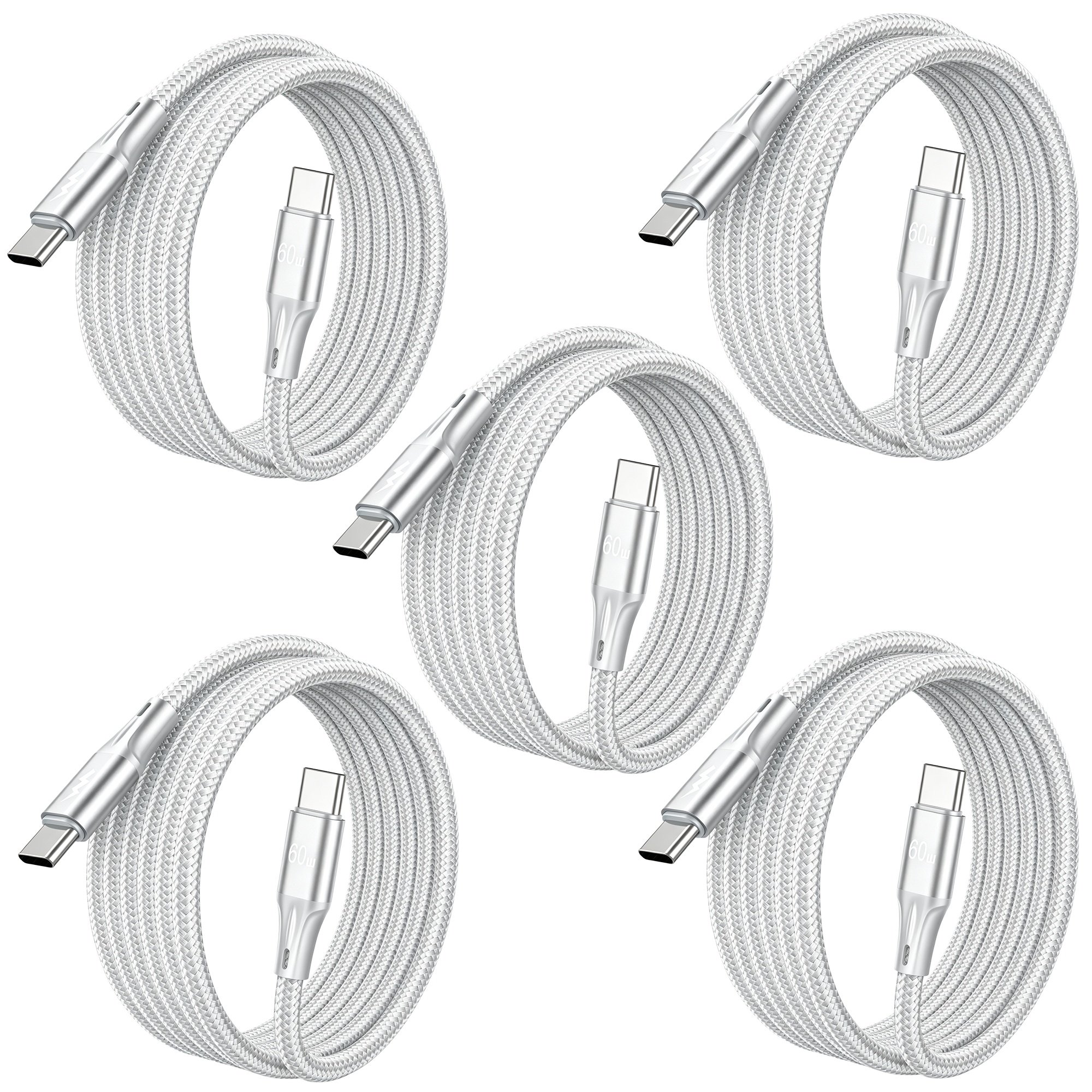 5pcs USB to USB-C Cable 60W Fast Charging, Durable Braided