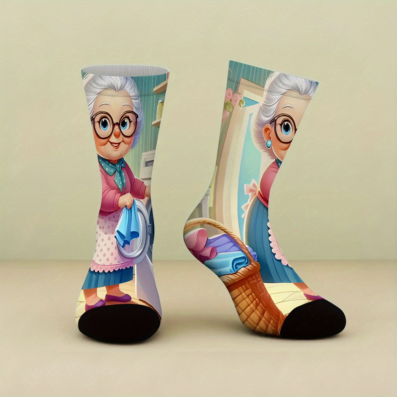 TEMU 1 Pair Of Printed Mid-calf Socks, Featuring A "grandma Putting Clothes In The Washing Machine" Print Pattern. High-quality Women's Socks, New