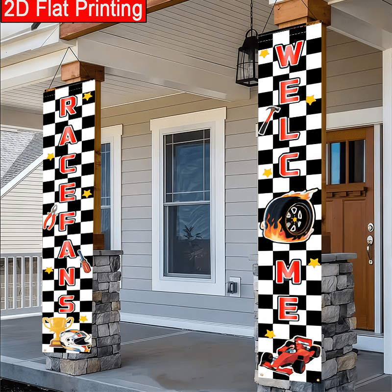 TEMU 2d Flat - 2d Flat - 2d Flat 2pcs Racing Theme Party Porch Banner For A Racing Birthday Celebration, Outdoor Courtyard Lawn Decoration Measuring