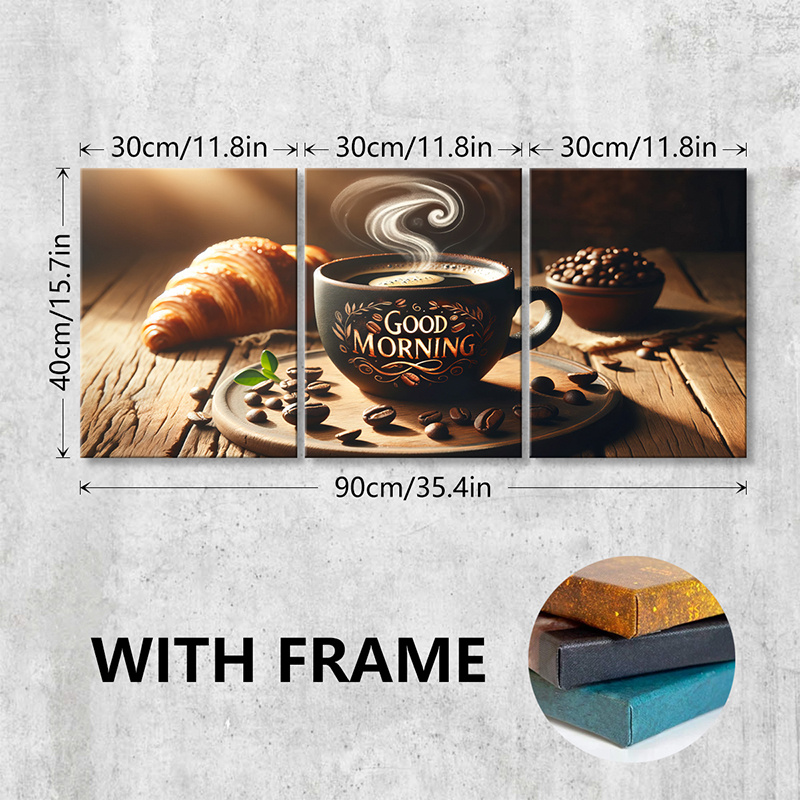 TEMU 3pcs/ Set Wooden Framed Canvas Poster, Coffee Beans, Breakfast Art, , Croissant, Retro Wall Art Painting For Living Room, Bedroom, Bathroom,