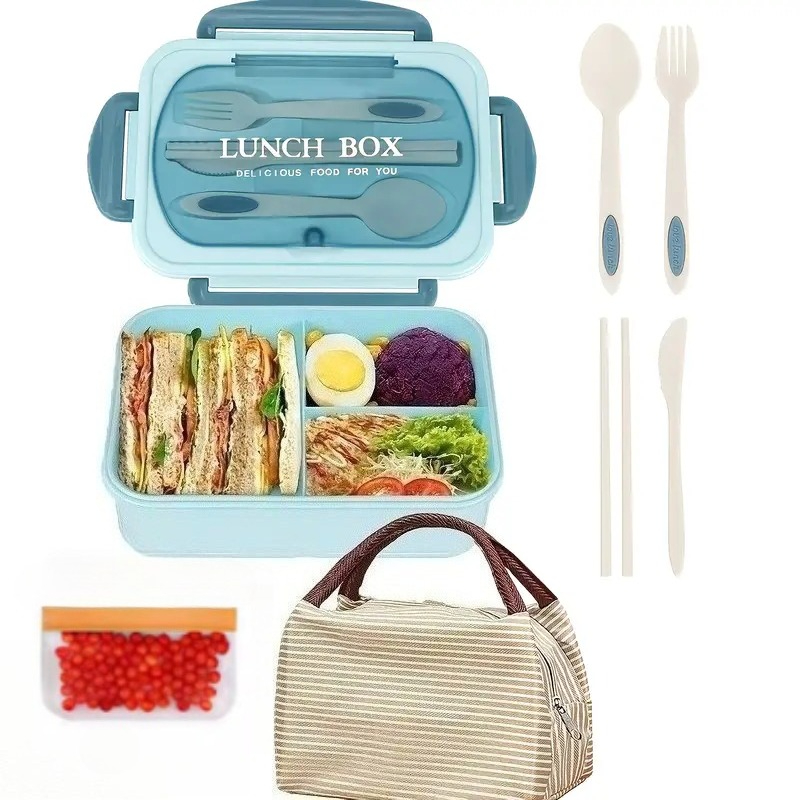 TEMU 8pcs Leak-proof Lunch Box Set, Including Cutlery, 3 Compartments, And Food Storage Containers. Bpa-free, The Office, Kitchen, Camping, And