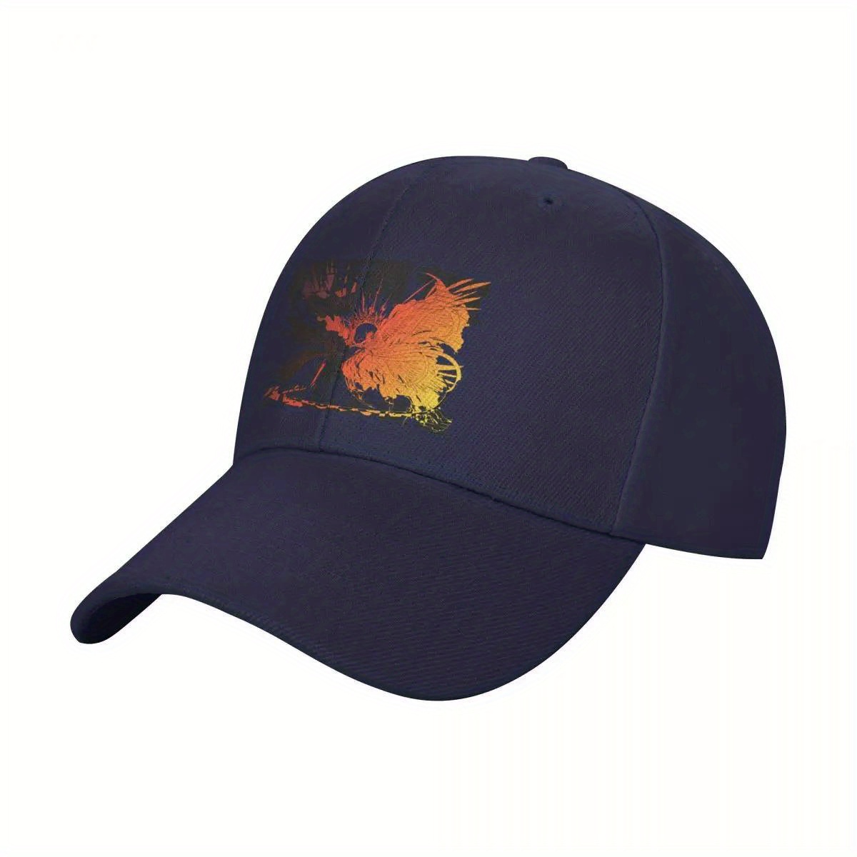 2025 new     dobuita dusk version baseball cap breathable adjustable unisex hat with vibrant flame print navy blue orange yellow accents six   for outdoor sports casual wear sports cap artistic print   cap construction