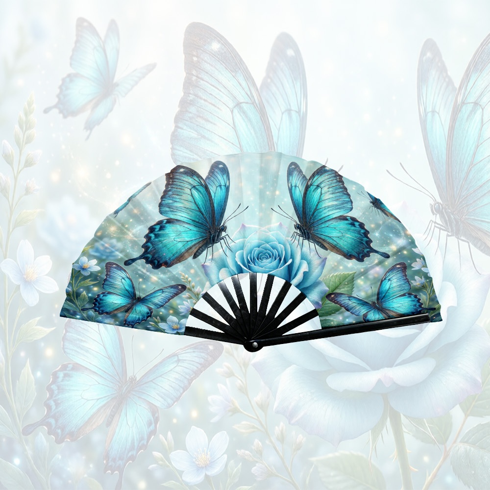 TEMU Éventail pliant 1 pièce 1 pcs style western rétro avec papillon et rose turquoise - Unisexe, floral et coloré, à main, convient pour les fêtes,