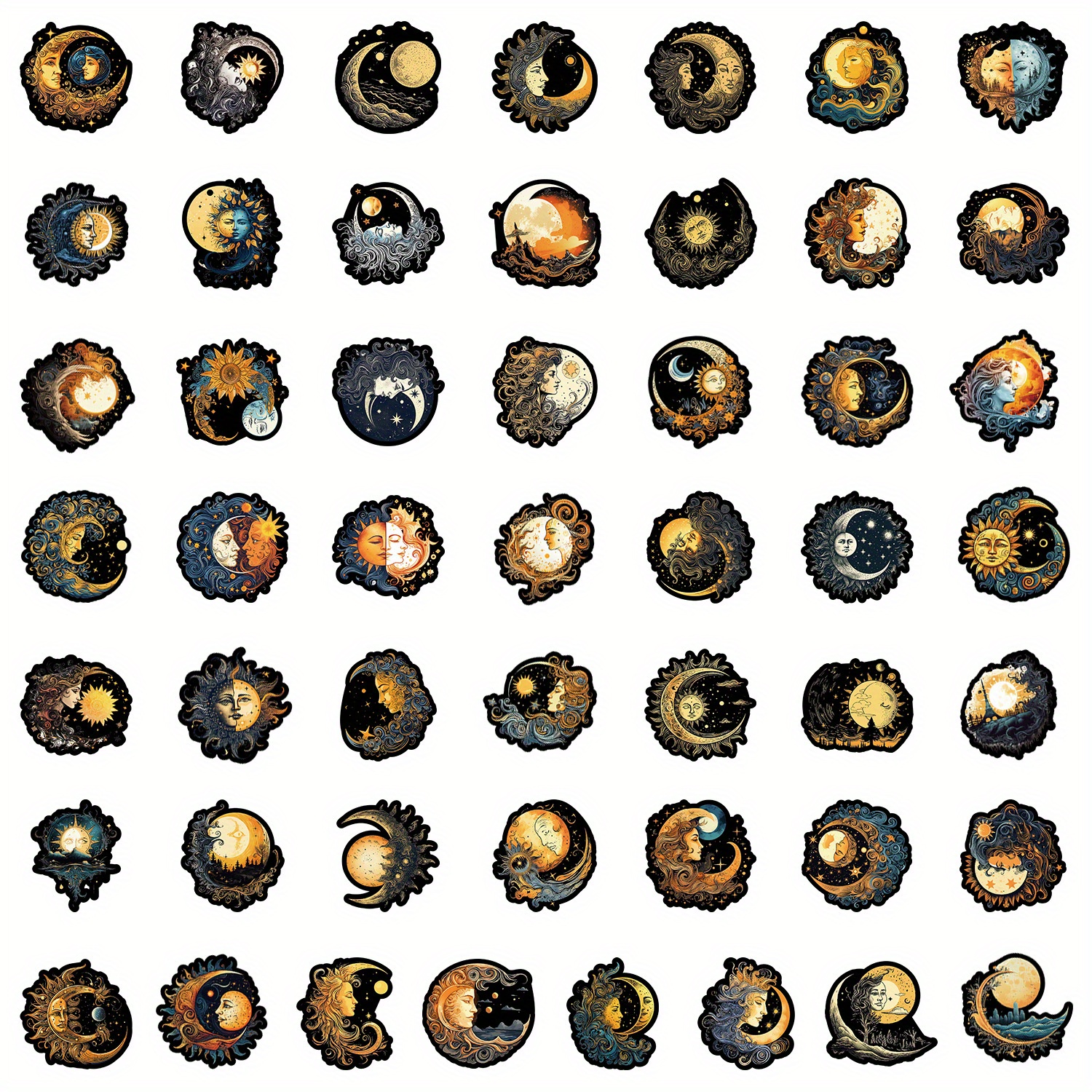 50pcs Gothic Sun Moon Celestial Cute Aesthetics Stickers Ins Doodle Cartoon Decals Pack Halloween Christmas Decoration Suitcase Water Bottle Laptop Skateboard Luggage Party Gift