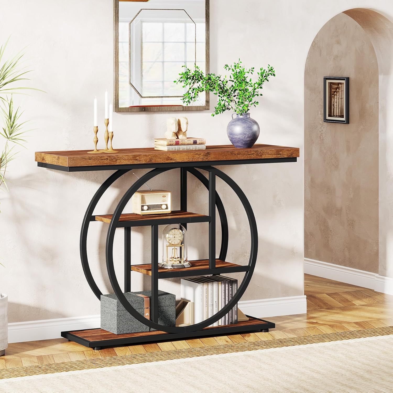 41.3" Console Table, Industrial 4-tier Sofa Table Entryway Table With Circle Base, Narrow Wood Accent Tables With Storage Shelves For Living Room, Hallway, Foyer
