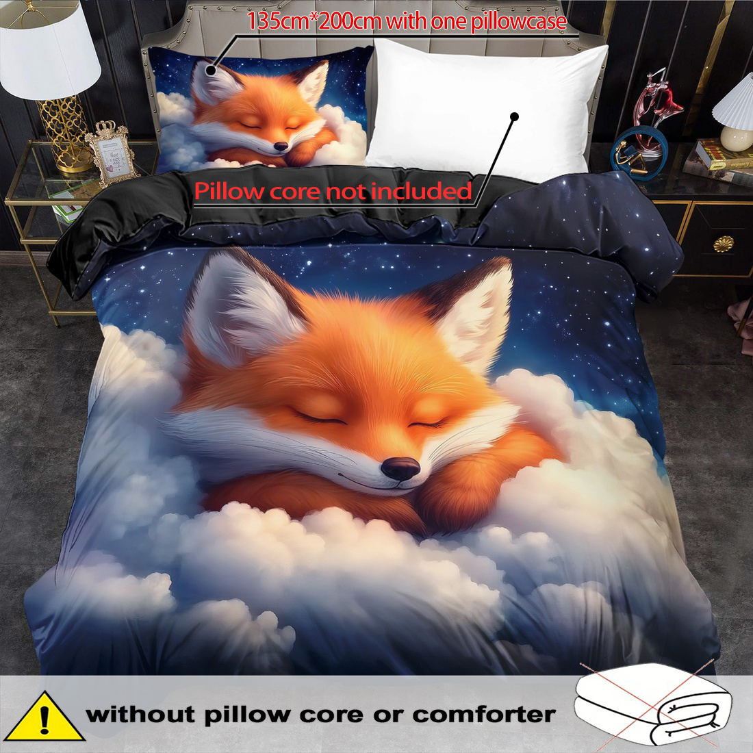 E-shop 2/3-teiliges Bettbezug-Set, Cartoon Tier Fuchs Print Bettbezug-Set, King Bettwäsche, Maschinenwaschbares Polyester, Steppdecken-Dekoration,