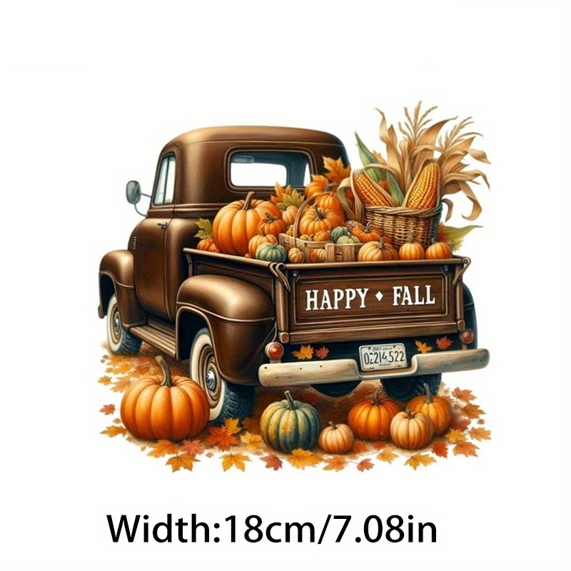 TEMU 1pc Autumn Truck Pumpkin Heat Transfer Sticker, Washable Decorative Sticker, Suitable For Clothing, T-shirts, Hoodies, Backpacks, And Pillows