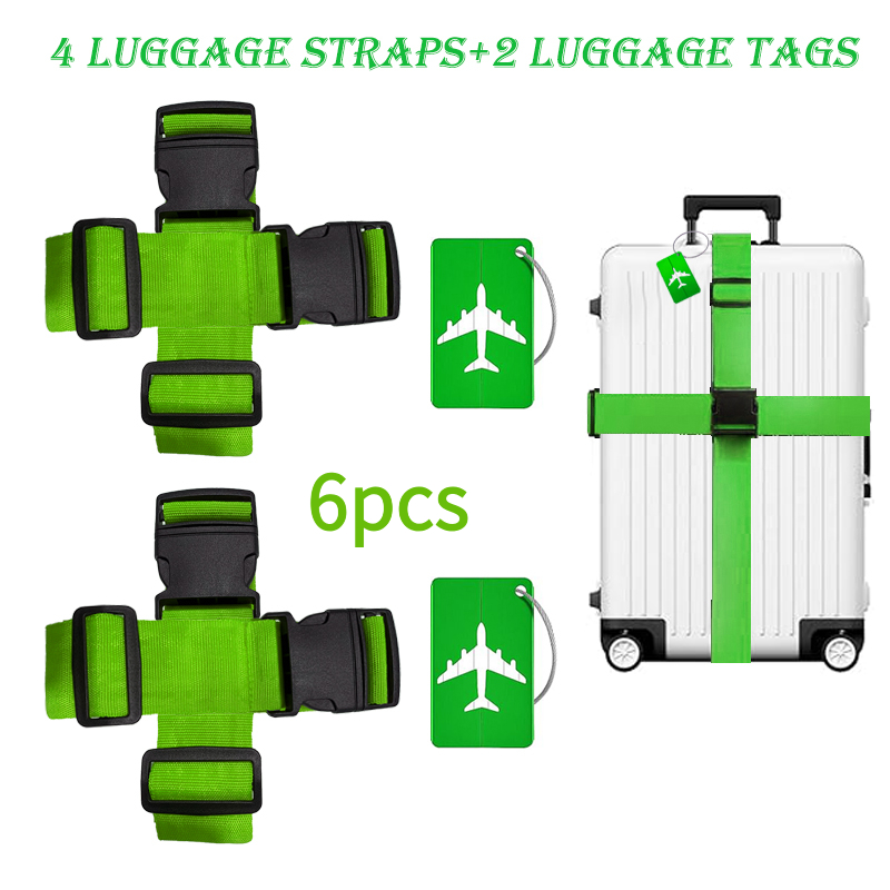 TEMU 6 Luggage Strap Set (4 Luggage Belts + 2 Luggage Tags) Adjustable Luggage Straps + Luggage Tag Set, Adjustable Travel Suitcase Belt. Luggage Tag