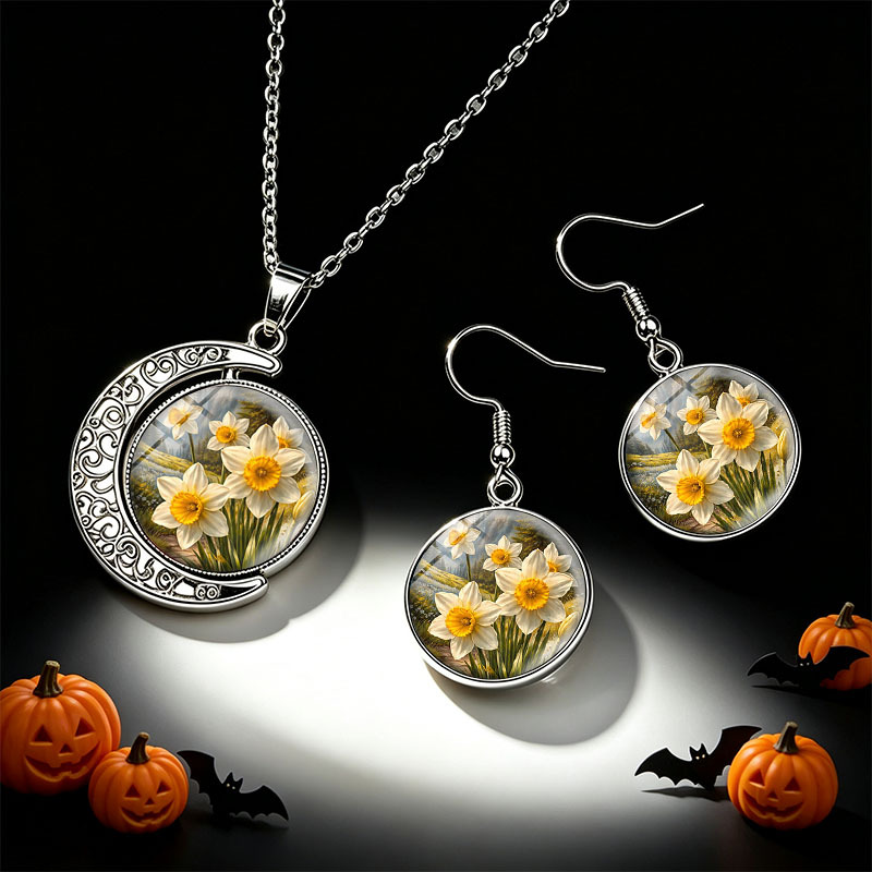 3pc Daffodil Flower Necklace & Earrings Set, Unisex Gift