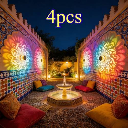 ensemble de 4 lampes solaires à projection mandala, lumière murale colorée/de couleur chaude de fleur, ip65, convient pour les expositions , la décoration dambiance, la veilleuse de chevet dans , léclairage dambiance de fête, léclairage dambiance , la décoration de jardin de cour