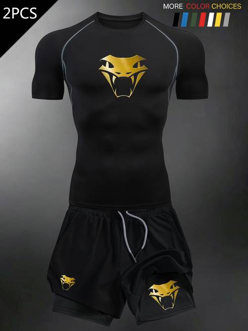 2pcs mens high stretch compression fitness set dark snake head print bodysuit with short sleeves shorts apparel high stretch quick dry breathable fabric suitable for running hiking and cross training fit