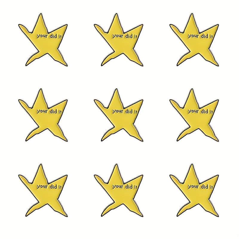 TEMU Set Of 9 Adorable Yellow Star-shaped Badges For Clothing, Backpacks, And Hats, Perfect For Matching Additions, Including A Wolf Alloy Brooch As A Small Gift