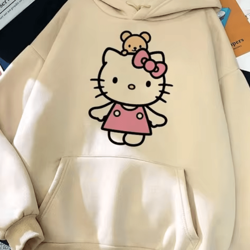 

Sanrio Hello Kitty Hoodie For Women - Casual Polyester Knit Sweatshirt With Cute Cartoon Print, Drawstring & Machine Washable - Fall & Winter