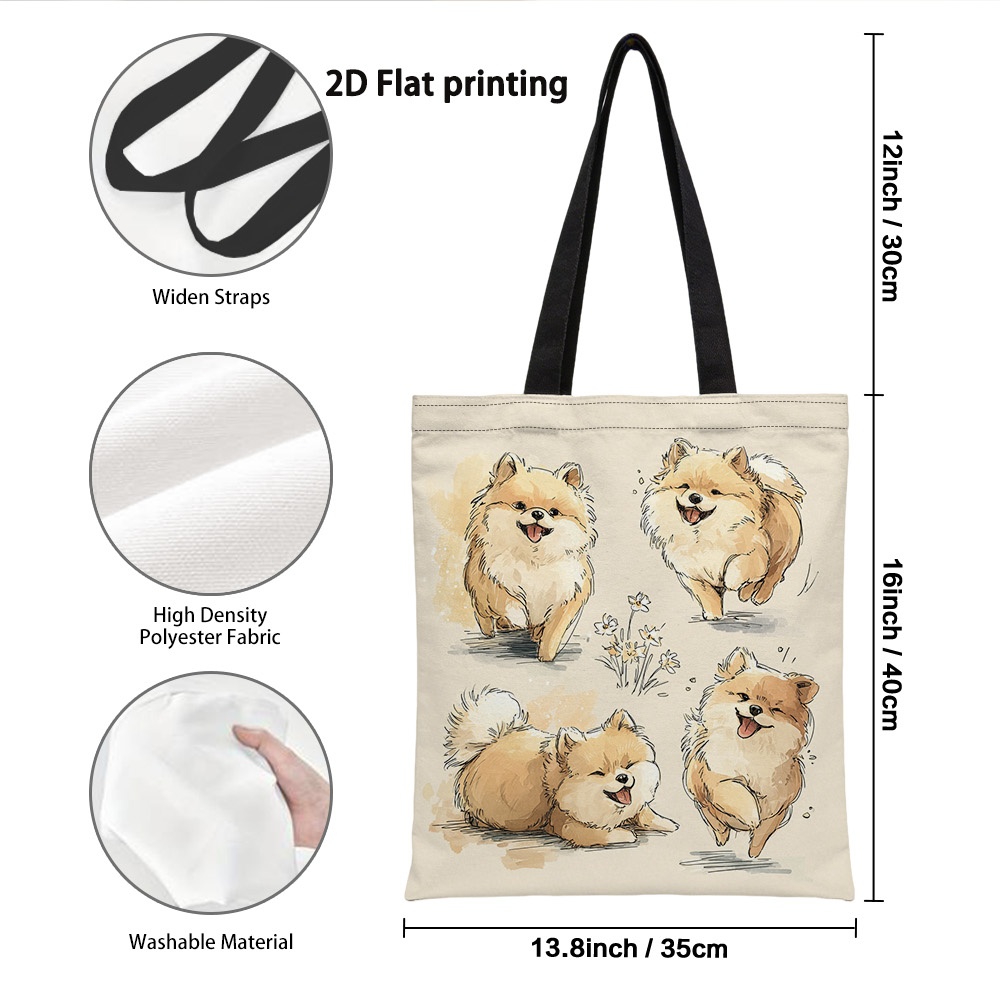 TEMU 1pc Reusable Grocery Bags, 2d Flat Sketch Happy Pomeranian Flowers Pattern Crossbody School Bag, Lightweight Shopping Bag, Stylish Tote, Design,