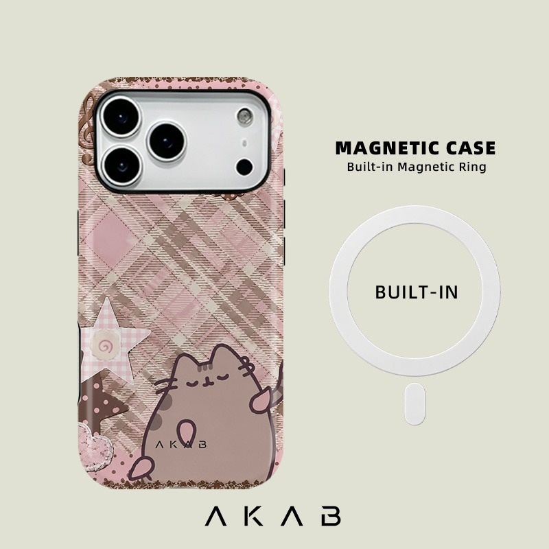 TEMU Phone Case: Akab Magnetic Phone Case, Pink Brown Plaid Cute Cat Music Collage Aesthetic Design For Iphone 17 16 15 14 13 12 11 Pro Air, 2-in-1