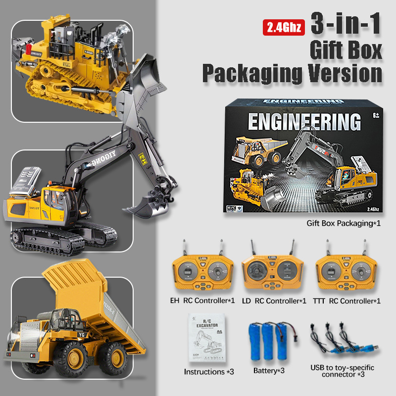 TEMU 2.4g Remote Control Construction Vehicle Set Gift Box Educational Toy For Boys Birthday Excavator Bulldozer Dump Truck Loader 3pcs Optional