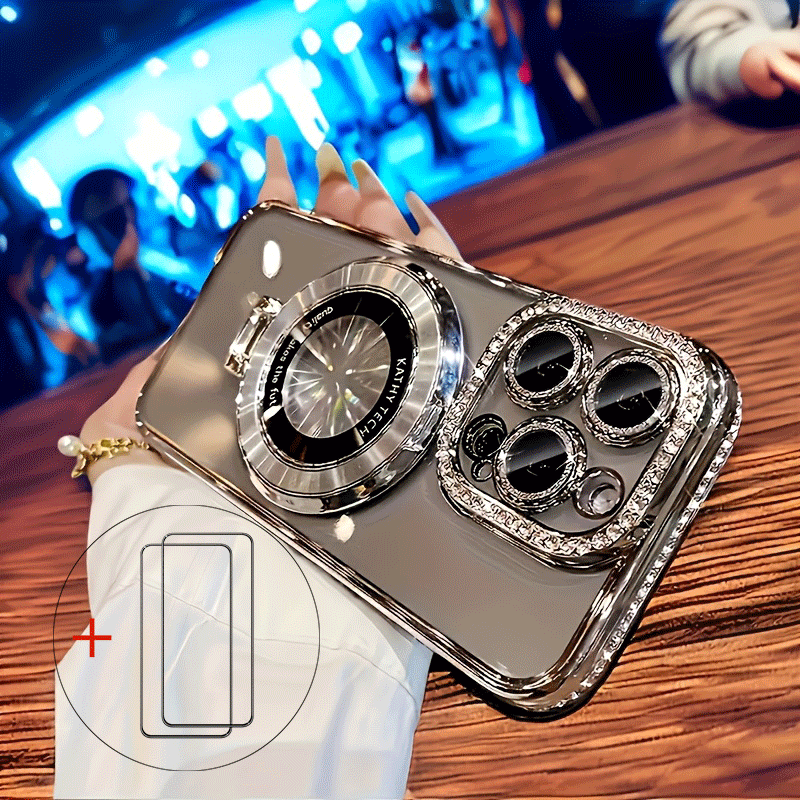 Image of Phone Case - Phone Case:3pcs (1 Case + Cd Magnetic Ring + 1 Tempered Glass)high-quality Magnetic Invisible Bracket Phone Case For Iphone 1716 15 14 13 11 12 Pro Max - Lens Film