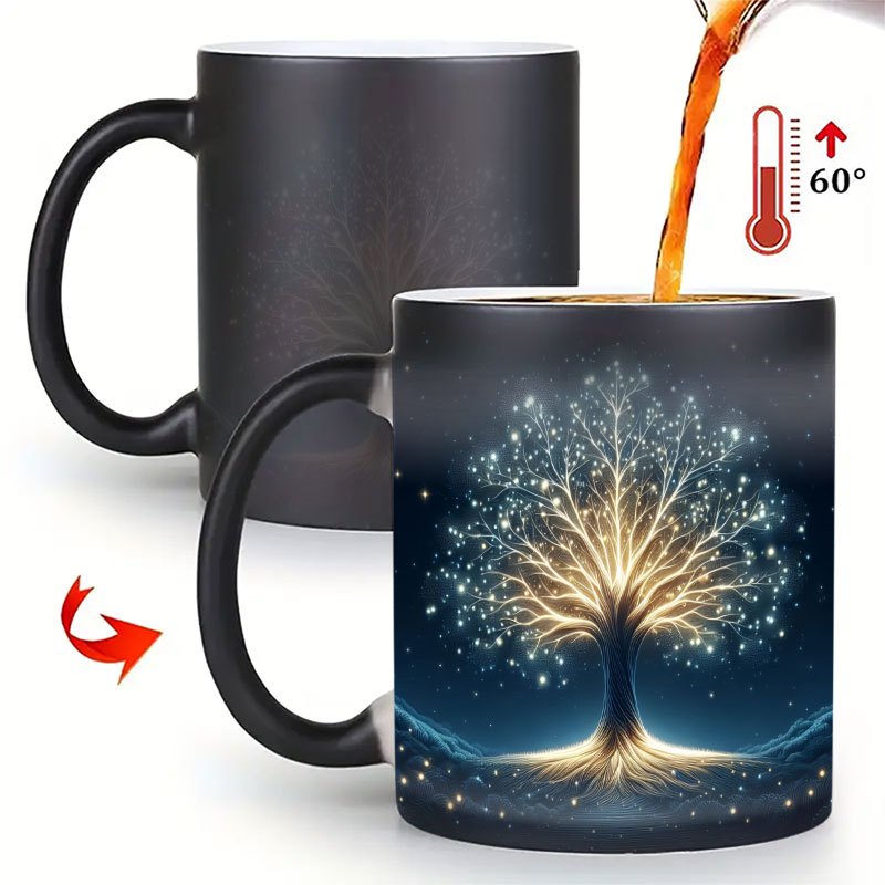 TEMU 1pc Of A Magical Heat-sensitive Mug Featuring A Tree Of That Color When Filled With Hot Beverages. This Black Ceramic Coffee Cup Reveals A