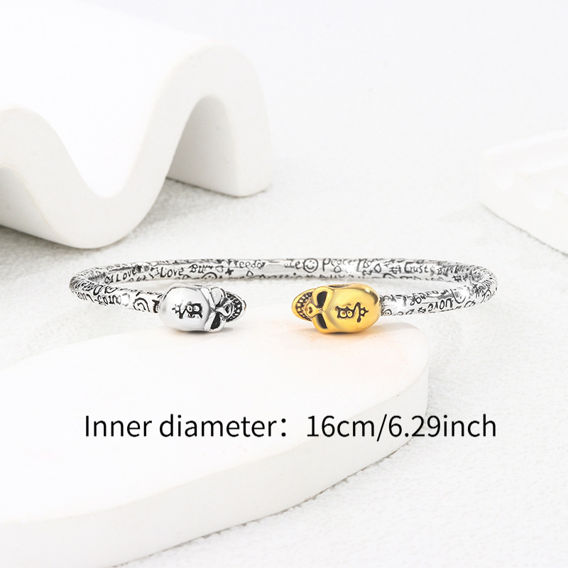 Women's Vintage Double-Headed Skull Bangle Bracelet, Light Luxury Open Cuff