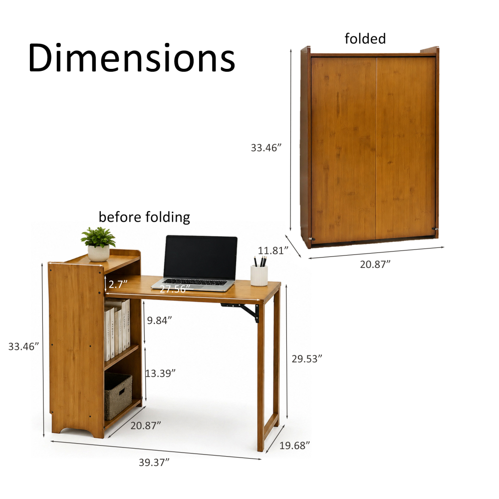 Bamboo Folding Desk for Small Spaces with Storage, Foldable Mid Century Modern Drop Leaf Desk, Vintage Fold Out Hideaway Small Desks for Bedroom Or Home Office